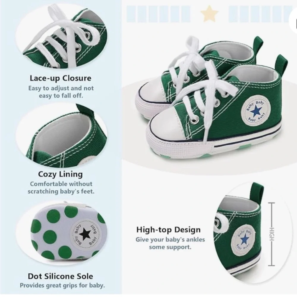 Meckior Baby Canvas Sneakers First Walkers Crib Shoes - Green - New with Tag